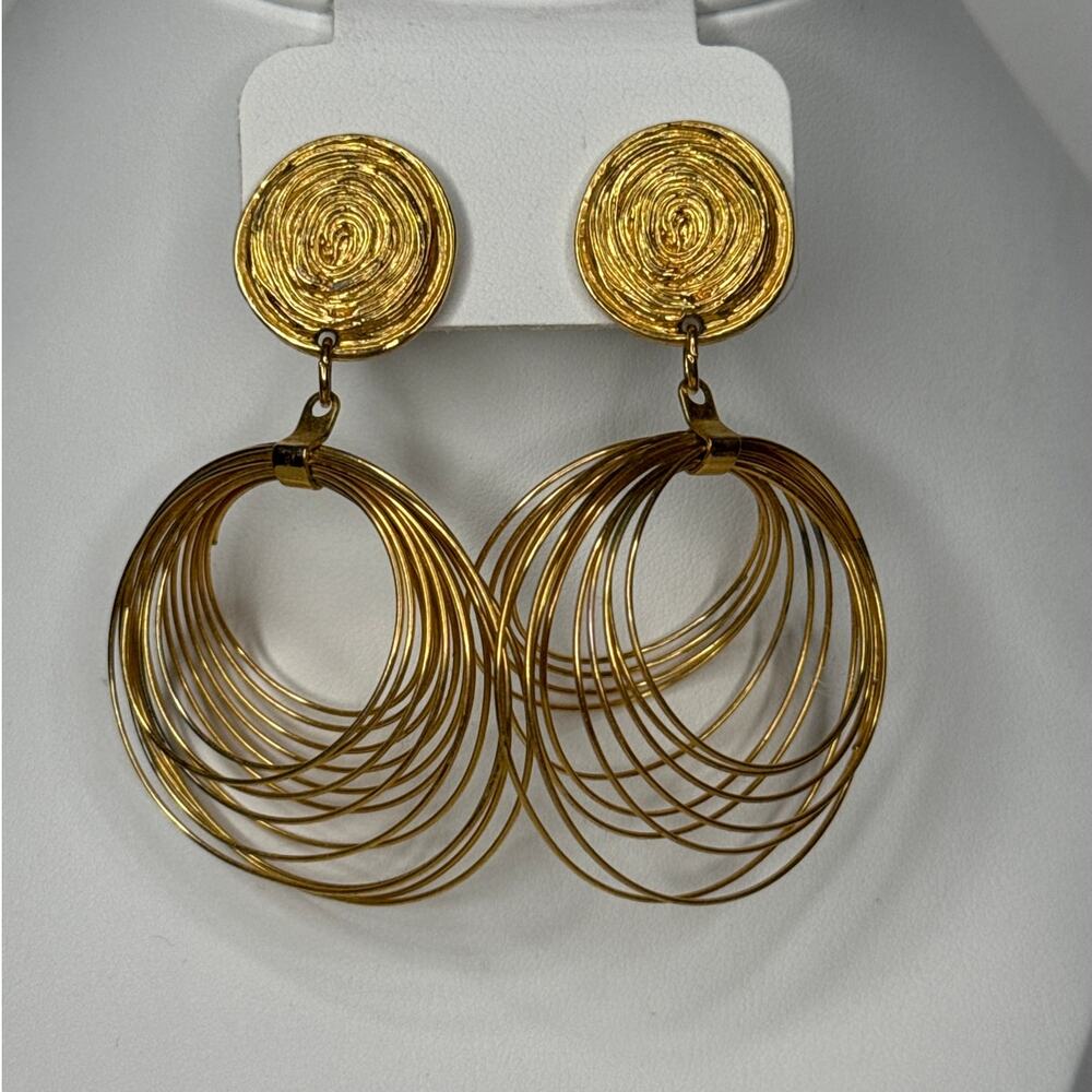Vintage 1980s–1990s Couture Gold Tone Wire Chandelier Statement Earrings